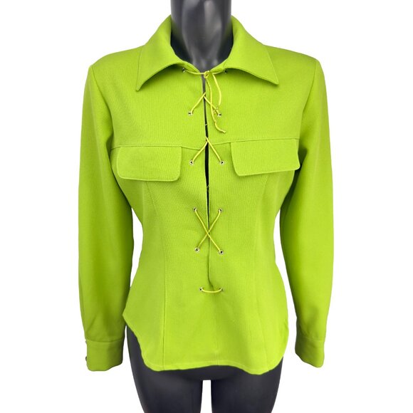 SANDRO Made in France Lace-Up Collared Long Sleeve Lime Green Top Blouse US 6 - Picture 1 of 9